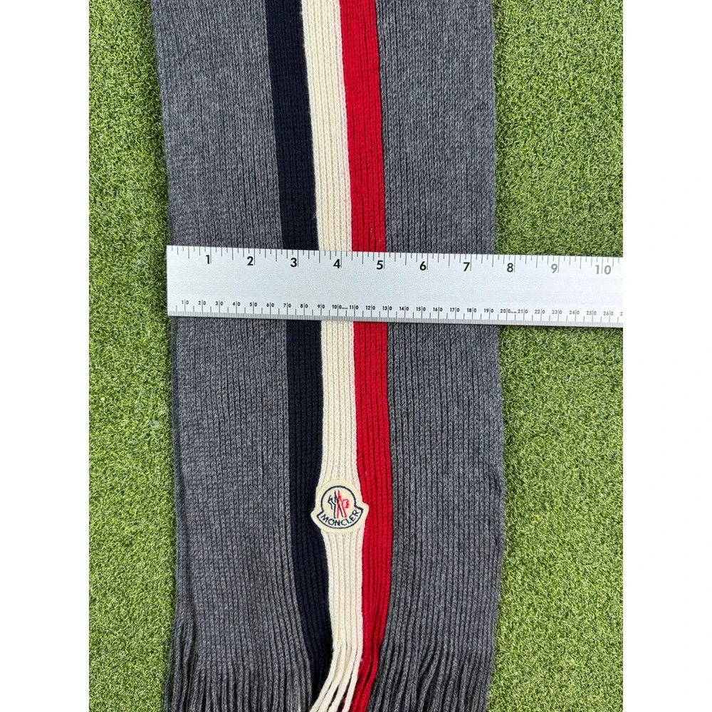 Moncler Wool Scarf Gray Red‎ Navy Stripe Logo Fringe Unisex - Picture 16 of 16